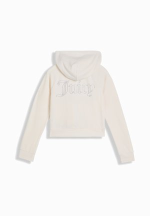 Hoodie corto in crema realizzato in materiale morbido, con cappuccio e logo "Juicy" con strass sul retro.