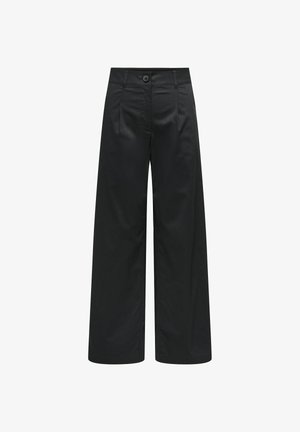 Pantaloni largi negri cu talie înaltă, pliuri frontale și închidere cu nasturi la talie, expuși pe un fundal alb.