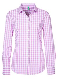 Růžová a bílá kostkovaná košile s dlouhými rukávy, zapínání na knoflíky, klasický límeček, vyrobená z měkké tkaniny s hladkou strukturou.