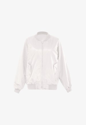 Giacca bomber bianca con chiusura a zip, polsini e orlo a costine, e due tasche laterali. Realizzata in un tessuto liscio e leggero.