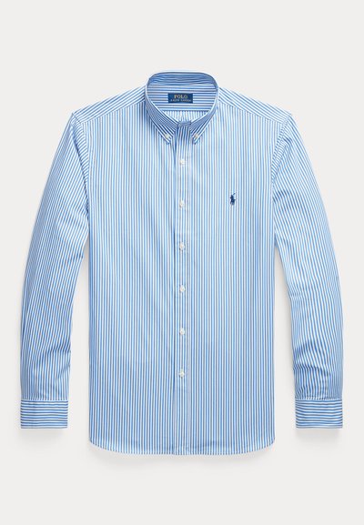 Modro-biela vertikálne pruhovaná košeľa s dlhým rukávom, gombíkmi, golierom a logom Polo Ralph Lauren na hrudi.