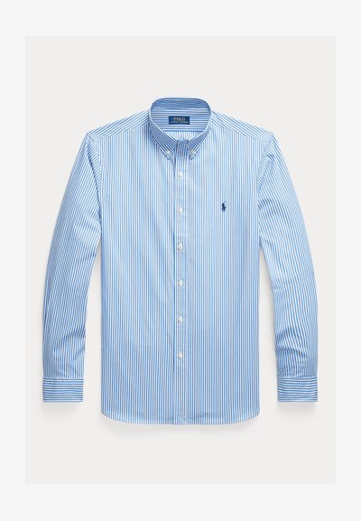 Modro-biela vertikálne pruhovaná košeľa s dlhým rukávom, gombíkmi, golierom a logom Polo Ralph Lauren na hrudi.