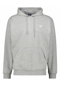 Grauer Kapuzenpullover aus Baumwollmischung, mit einer Fronttasche, gerippten Bündchen und Saum sowie einem kleinen Logo auf der Brust.