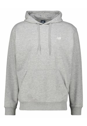 Grijze hoodie van een katoenmix, met een voorzak, geribde manchetten en zoom, en een klein logo op de borst.