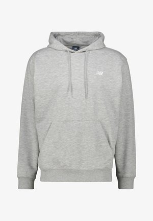 Grå huvtröja i bomullsmix, har en framficka, ribbade muddar och nederkant, med en liten logotyp på bröstet.