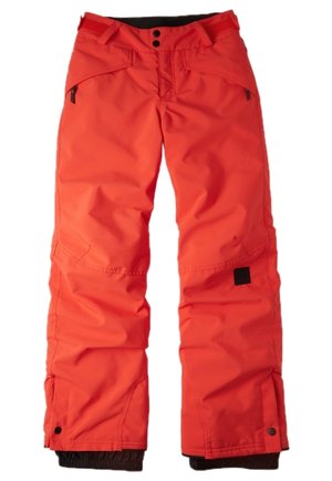 Jasnopomarańczowe spodnie narciarskie z gładkiego, wodoodpornego materiału, z regulowanym paskiem w talii i zapinanymi na zamek kieszeniami po bokach. Wyposażone w elastyczne mankiety przy kostkach.