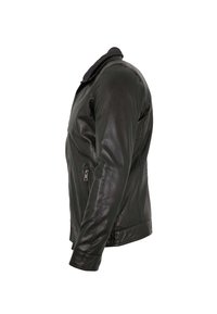 Schwarze Lederjacke mit Reißverschluss, aufgeschlagenem Kragen und Seitentaschen. Verfügt über eine glatte Textur und eine taillierte Passform.