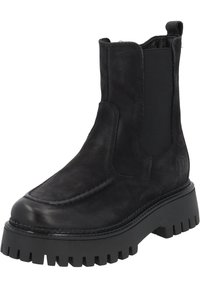 Botín de cuero negro hasta el tobillo con paneles laterales elásticos, costuras decorativas, puntera redonda y suela gruesa para mayor agarre.