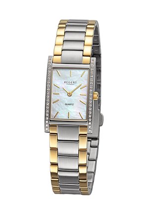 Montre en acier inoxydable argent et or avec un cadran rectangulaire, un cadran en nacre, des index horaires en or, et une lunette ornée de cristaux.