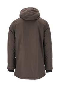 Braune isolierte Jacke mit Kapuze, ausgestattet mit einer glatten Textur, langen Ärmeln und elastischen Bündchen. Einfaches Design ohne sichtbare Logos oder Verzierungen.