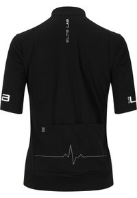 Svart cykeltröja med korta ärmar, med en jämn textur, en hög krage och en hjärtslagsgrafik på bakfickan.