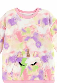 Pastellfarbener Batik-Pullover mit einem Einhorn-Design, das ein glitzerndes Horn, einen Blitz und Sternakzente zeigt. Weiches Material und gerippte Bündchen.