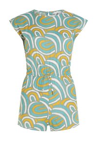 Musterierter Jumpsuit mit türkisfarbenen, gelben und weißen abstrakten Wirbeln, kurzen Ärmeln, tailliertem Design und Knopfverschluss im Rücken.