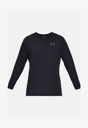 Czarna koszulka Under Armour z długim rękawem, okrągłym dekoltem i logo na lewej piersi.