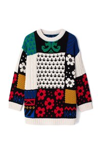 Pull en tricot avec un design en patchwork comprenant des couleurs comme le noir, le rouge, le bleu, le jaune et le vert, avec des motifs floraux et géométriques.