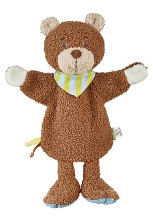 Brown curly plush bear puppet with white paws, striped yellow and blue neckerchief, and fabric tail with knots.