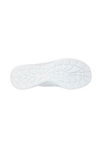 Suela de goma blanca con patrones de relieve texturizados, que presentan surcos y secciones elevadas para una mejor adhesión y estabilidad.