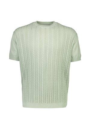 Jasnozielony sweter z krótkim rękawem, wykonany z teksturowanego dzianego materiału w pionowy wzór warkocza, z okrągłym dekoltem i dopasowanym krojem.