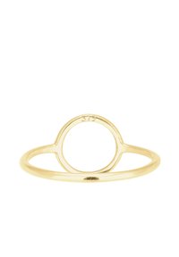 Goldring mit einer runden Aussparung oben, glattem Band und einem Stempel "375" für die Goldreinheit. Schlichtes, minimales Design mit glänzender Oberfläche.
