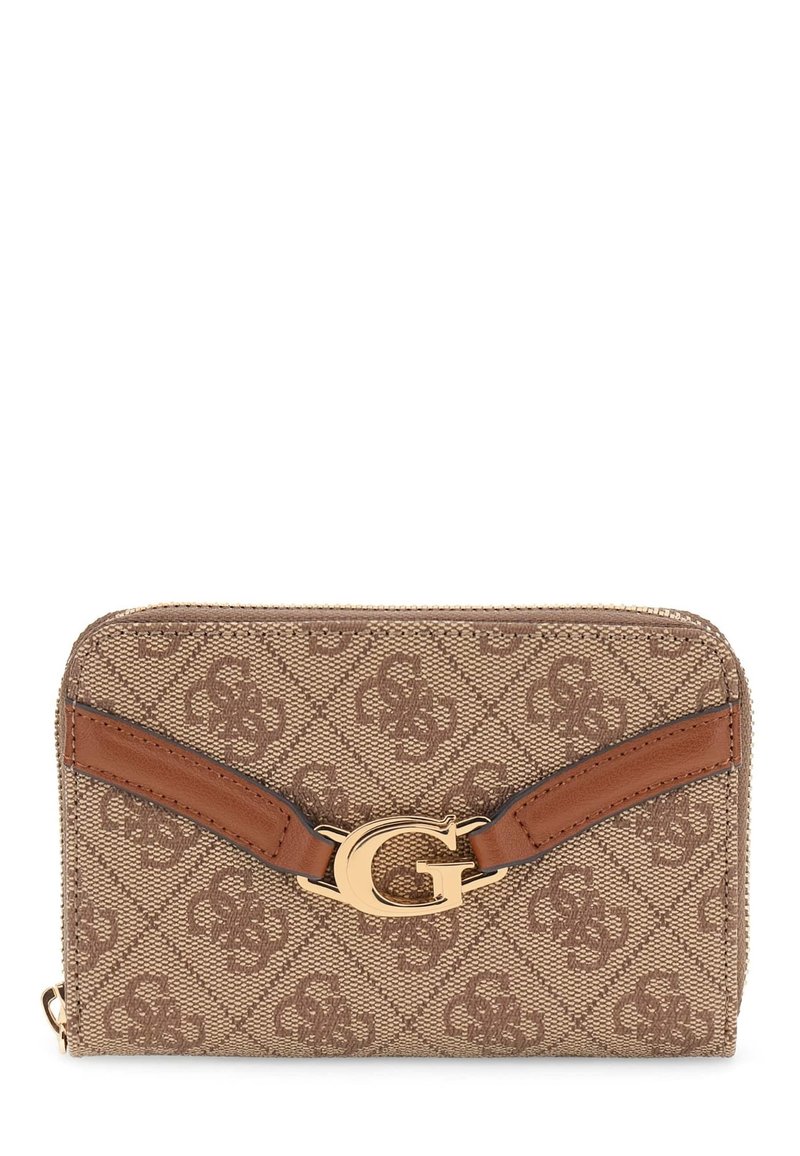 Portafoglio con zip marrone a motivo, con accenti in pelle cuoio e chiusura con logo "G" dorato al centro anteriore.
