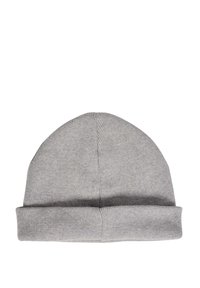 Gray knitted beanie hat with a folded cuff, soft texture, rounded top, and even stitching throughout. Ideal for warmth in cold weather.