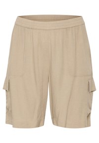 Beige vaatteet cargo shortsit kevyestä kankaasta, joissa on sivutaskut, joustava vyötärö ja rento istuvuus.