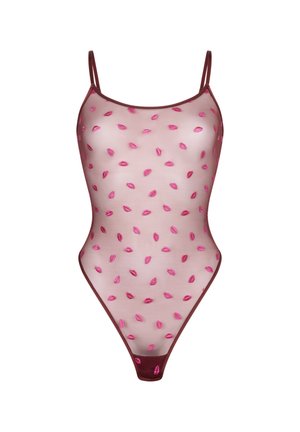 Body en tulle bordeaux avec fines bretelles, décoré de petits motifs de lèvres roses brodées.