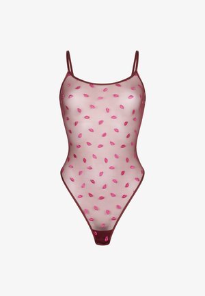 Body en tulle bordeaux avec fines bretelles, décoré de petits motifs de lèvres roses brodées.
