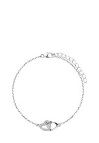 Srebrna bransoletka łańcuszkowa z dwoma splatającymi się sercami, z których jedno jest ozdobione małymi kryształkami, oraz regulowanym zapięciem do dostosowania rozmiaru.