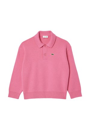 Pink long-sleeve polo sweater made of soft knit fabric. Features a classic collar, three buttons, and a green embroidered logo on the chest.