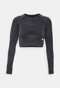 Long-sleeve cropped top in dark gray knit fabric, featuring textured patterns along shoulders and hem, with a small logo at the bottom.