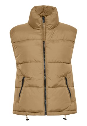 Tan puffer vest med høj krave, frontlynlås, to sorte lynlåslommer og justerbar kant for en tilpasset pasform.