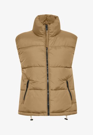 Kreemjas puuvillane vest kõrge kraega, ees lukk, kaks musta lukuga taskut ja reguleeritav äär kohandatava sobivuse tagamiseks.