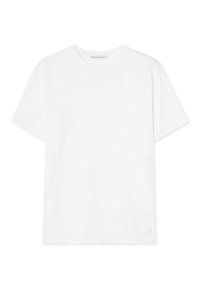 Vit bomulls T-shirt med korta ärmar och rund halsringning. Har en liten, diskret logo i det nedre hörnet. Mjuk textur.