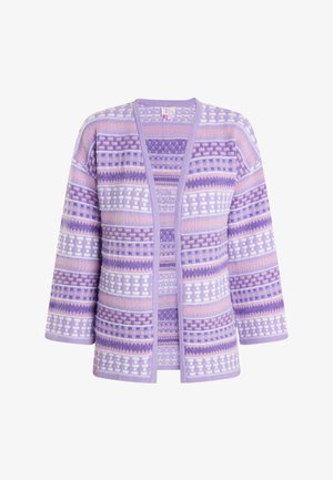 Fioletowy kardigan w wzory z długimi rękawami i otwartym przodem. Posiada różnorodne teksturowane paski i geometryczne motywy w odcieniach lawendy i różu.