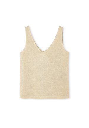 Top a canotta beige con scollatura profonda a V, realizzato in tessuto leggero. Design senza maniche con orlo dritto e dettagli di cucitura minimi.
