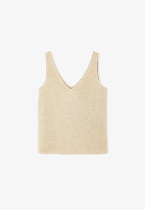 Top a canotta beige con scollatura profonda a V, realizzato in tessuto leggero. Design senza maniche con orlo dritto e dettagli di cucitura minimi.