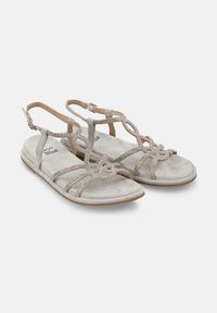 Grijze leren sandalen met een textuur, decoratieve banden met rhinestones en een gevoerde binnenzool voor comfort.