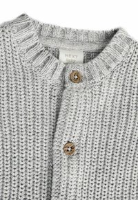 Helles graues, gestricktes Baby-Cardigan mit einem gerippten Kragen, ausgestattet mit zwei Holzknöpfen und einem strukturierten Webmuster. Das Etikett trägt die Aufschrift "NEXT baby."
