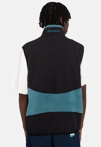 Black sleeveless vest with a teal midsection, made of fleece material, featuring a high collar and POLARTEC branding at the neck.