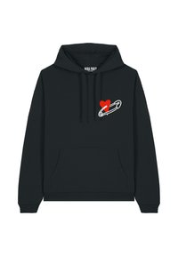 Felpa nera realizzata in misto cotone-poliestere. Presenta una tasca frontale e un design grafico con una spilla da balia e un cuore rosso sul petto.