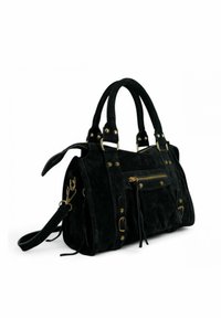 Sac à main en suède noir avec doubles poignées, sangle pour épaule réglable, quincaillerie dorée, poche zippée à l'avant et rivets décoratifs.
