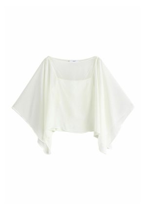 Fehér, áttetsző blúz széles denevérszárny ujjakkal és négyzet alakú nyakkivágással, laza, lebegő szabással tervezve.