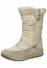 Béžová voděodolná zimní botka s huňatým kožíškem na límci, zipovým zapínáním, prošívaným nylonovým svrškem a strukturovanou gumovou podrážkou. Obsahuje semišové detaily.