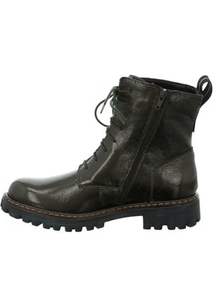 Green leather ankle boots with a glossy finish, lace-up front, side zipper, and a rugged black sole. Stitched accents add detail.