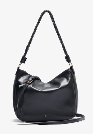 Borsa hobo in pelle nera con tracolla intrecciata, dettagli in metallo dorato e una texture liscia e leggermente lucida. Disponibile opzione tracolla regolabile a tracolla.