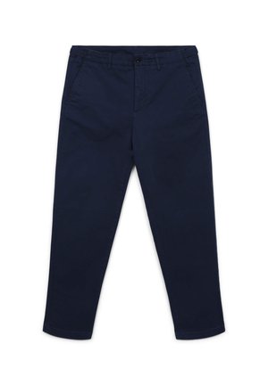 Chinos in cotone blu navy con design a gamba dritta, dotati di tasche frontali, chiusura con zip e un solo bottone. Texture liscia.
