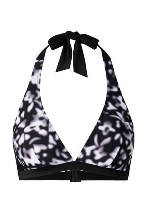 Černobílý abstraktní vzorovaný halterový horní díl bikin s mašlí uvázanou na krku a zapínáním na sponu vzadu.