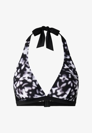 Black and white abstract patterned halter bikini top with a tied bow at the neck and clasp closure at the back.