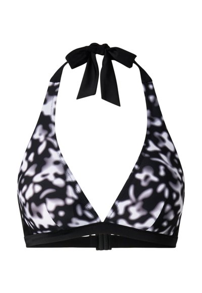 Sort-hvidt abstrakt mønstret halterneck bikinitop med en bundet sløjfe ved halsen og lukning med spænde bagpå.